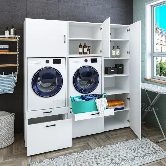 Cabinet for washer and dryer + side wardrobe, 194x205 cm, white
