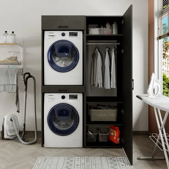Washing Machine and Dryer Cabinet with Side Cabinet, 205 cm, Black, 3 Shelves