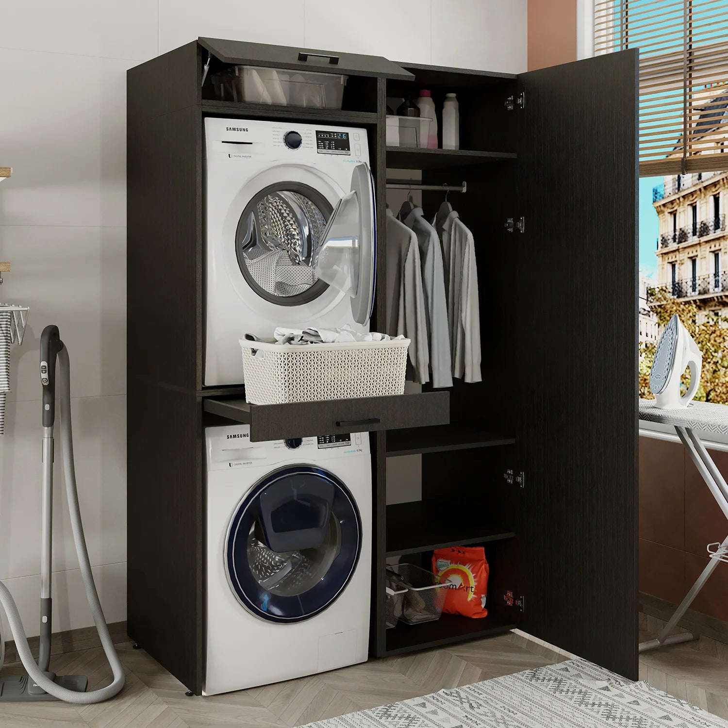 Washing Machine and Dryer Cabinet with Side Cabinet, 205 cm, Black, 3 Shelves