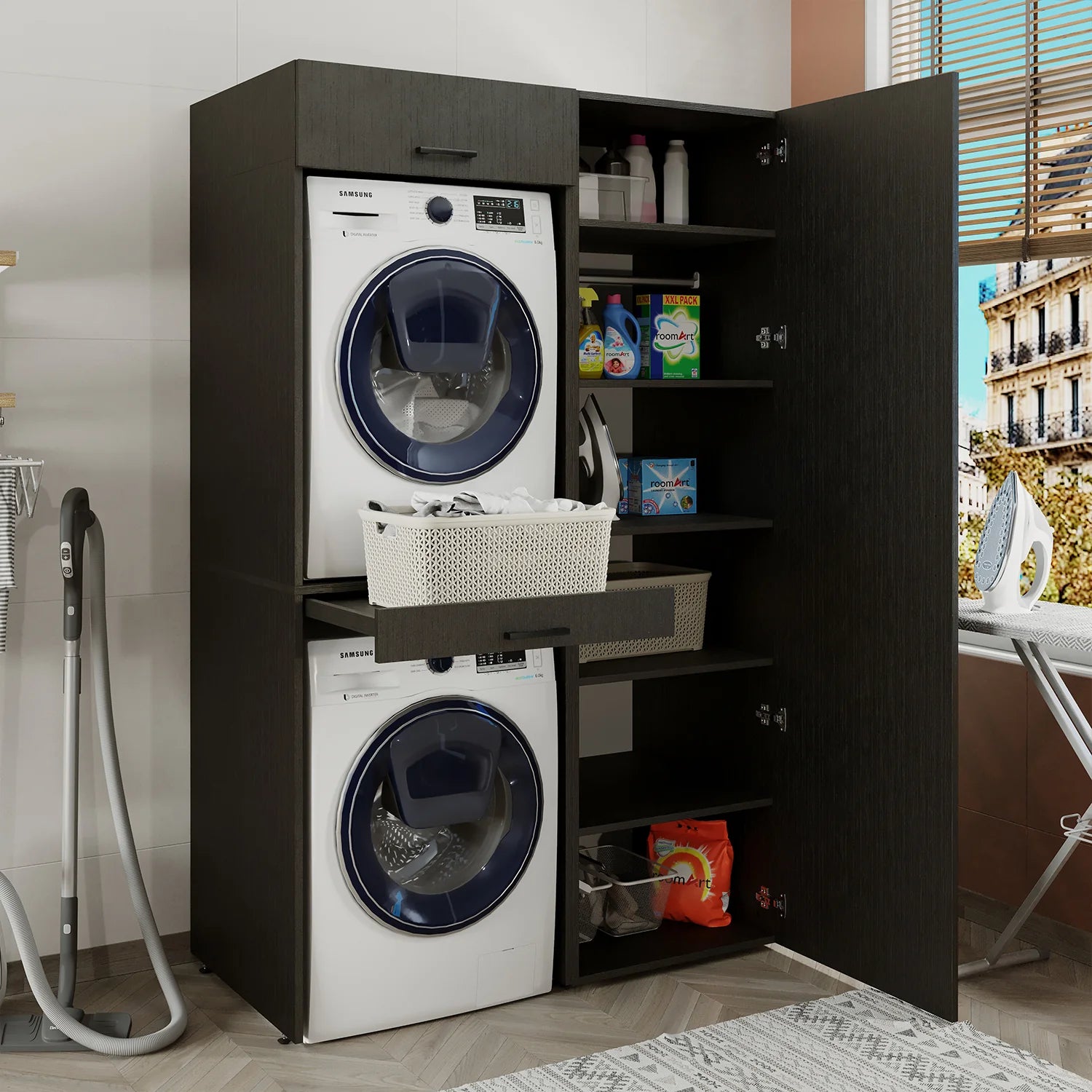 Washing Machine and Dryer Cabinet with Side Cabinet, 205 cm, Black, 3 Shelves