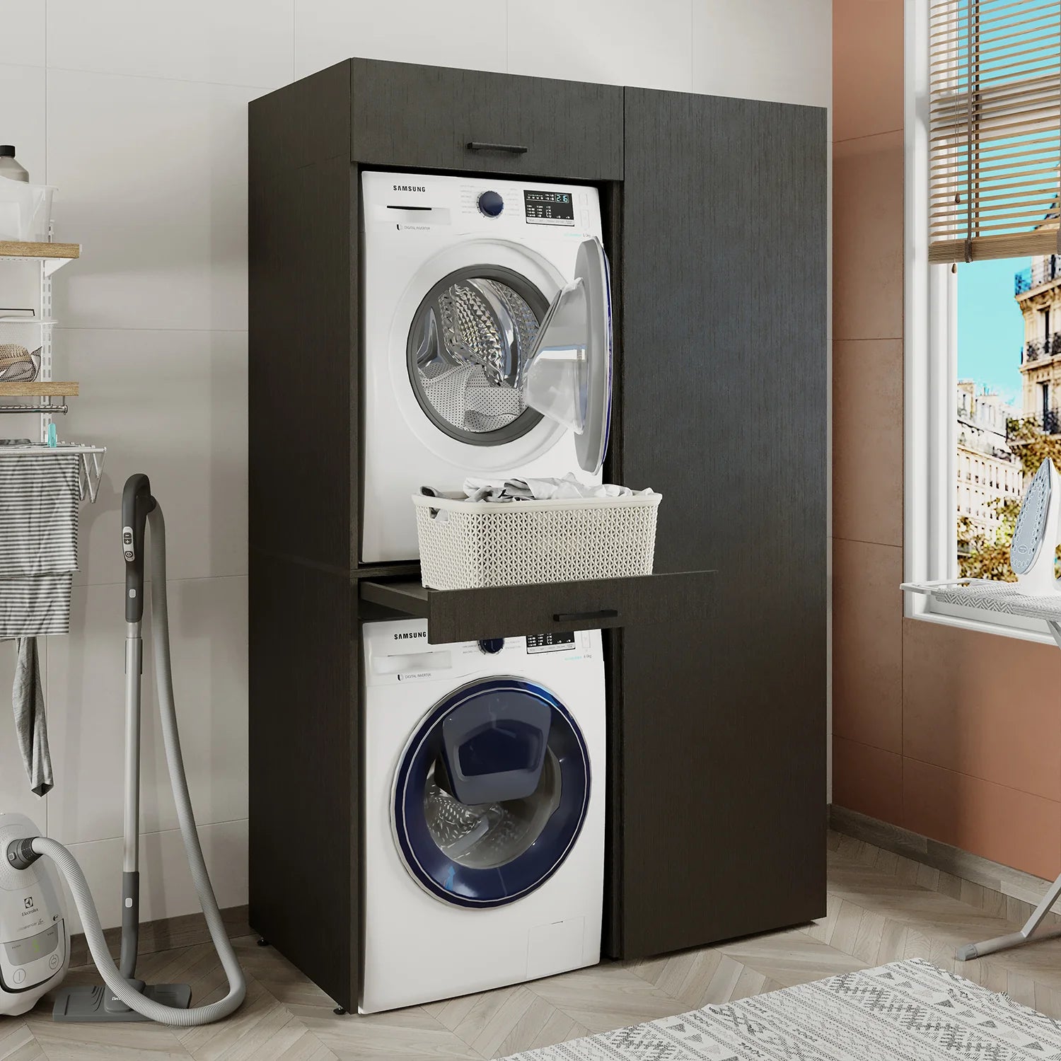 Washing Machine and Dryer Cabinet with Side Cabinet, 205 cm, Black, 3 Shelves