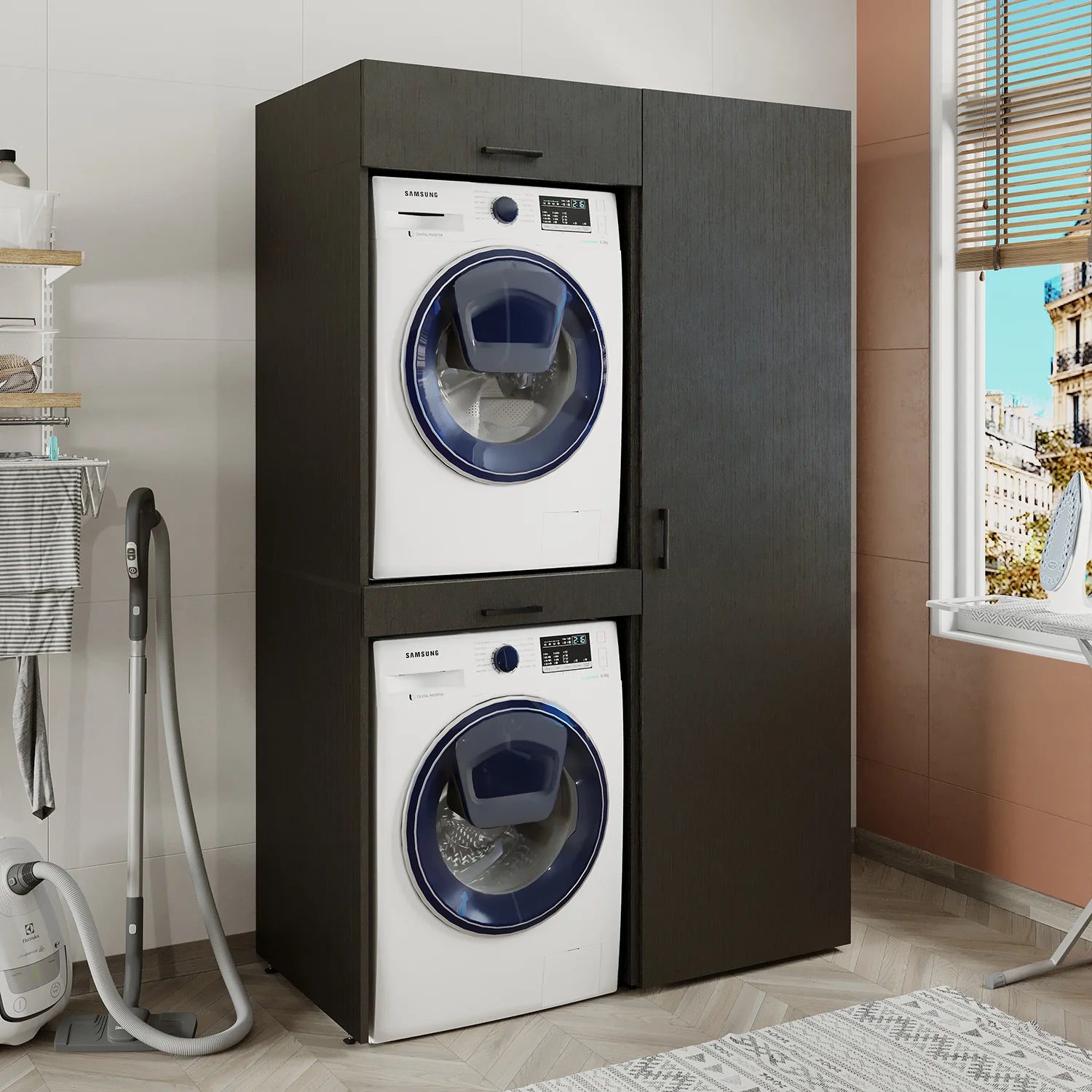 Washing Machine and Dryer Cabinet with Side Cabinet, 205 cm, Black, 3 Shelves