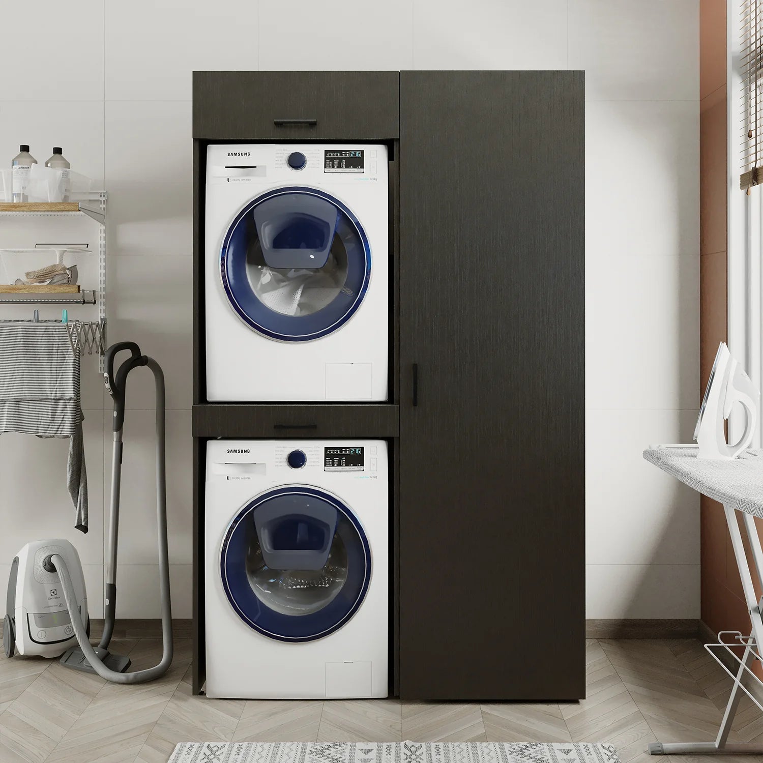 Washing Machine and Dryer Cabinet with Side Cabinet, 205 cm, Black, 3 Shelves