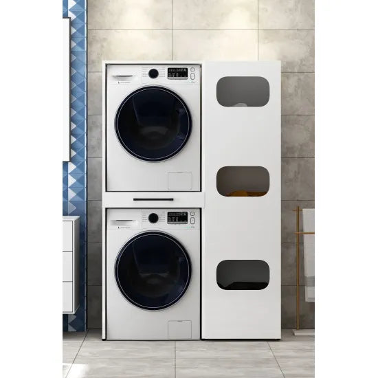 Cabinet for washer and dryer with pull-out laundry shelf, WHITE, side wardrobe