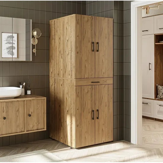 Laundry cabinet for washer and dryer machine, with pull-out shelf, OAK, with doors