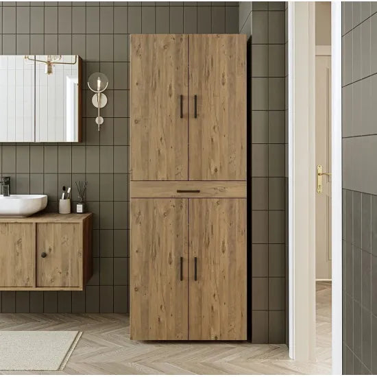 Laundry cabinet for washer and dryer machine, with pull-out shelf, OAK, with doors