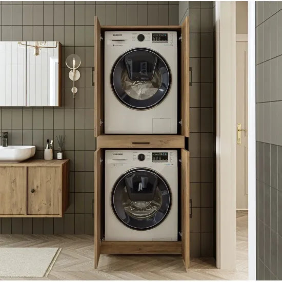 Laundry cabinet for washer and dryer machine, with pull-out shelf, OAK, with doors