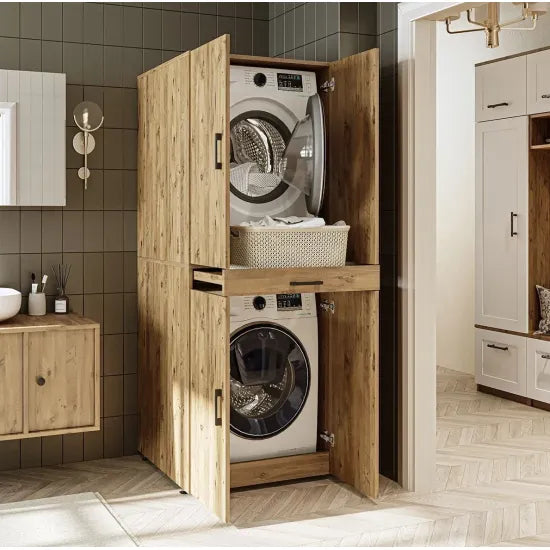 Laundry cabinet for washer and dryer machine, with pull-out shelf, OAK, with doors