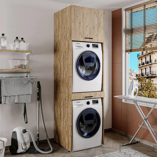 Cabinet for Washing Machine and Dryer with Pull-Out Shelf and 57 cm Folding Cabinet (Oak)