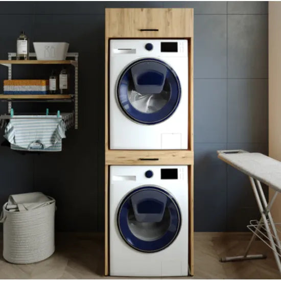 Cabinet for washing machine and dryer, with pull-out shelf, with 22 cm folding cabinet, oak