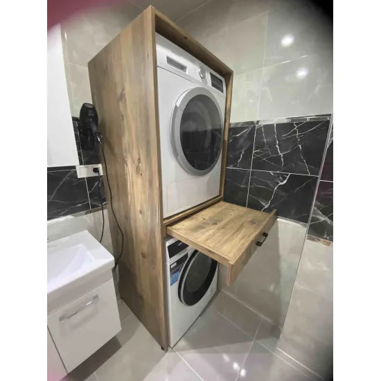 Cabinet for washing machine and dryer, with pull-out shelf, oak