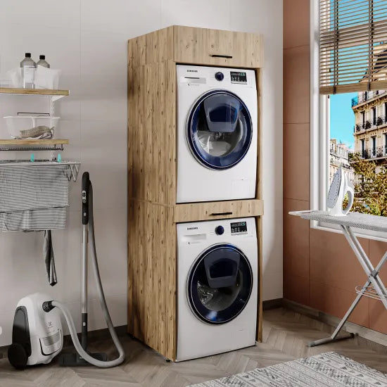 Cabinet for washing machine and dryer, with pull-out shelf, with 22 cm folding cabinet, oak