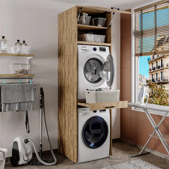 Cabinet for Washing Machine and Dryer with Pull-Out Shelf and 57 cm Folding Cabinet (Oak)