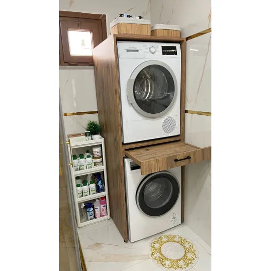 Cabinet for washing machine and dryer, with pull-out shelf, oak