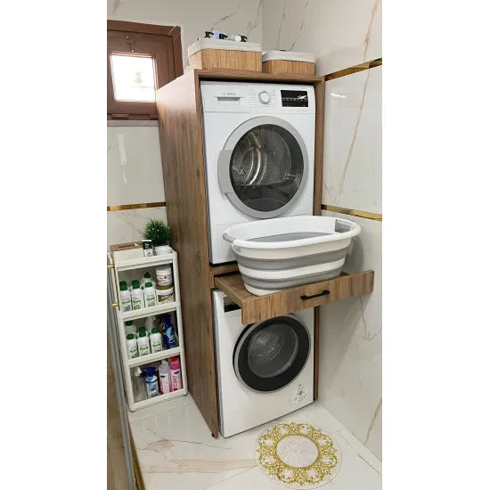 Cabinet for washing machine and dryer, with pull-out shelf, oak