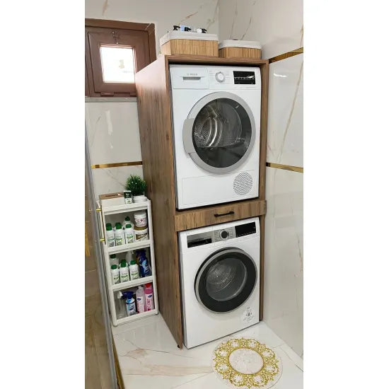 Cabinet for washing machine and dryer, with pull-out shelf, oak