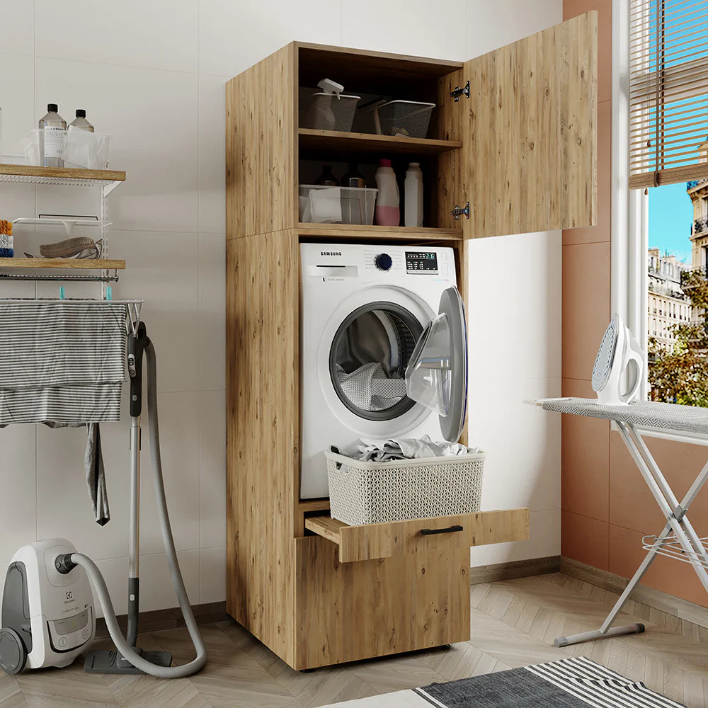 Laundry cabinet, oak, drawer and pull-out board, 205x67x66,8 cm