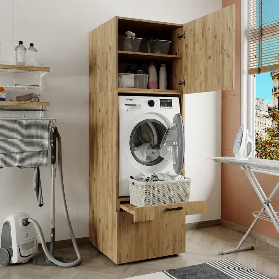 Laundry cabinet, oak, drawer and pull-out board, 205x67x66,8 cm