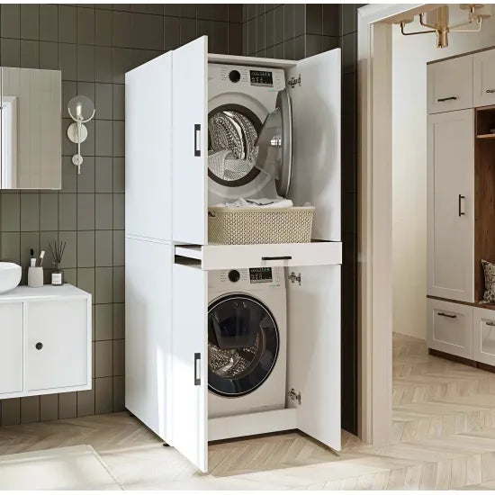 Laundry cabinet for washer and dryer machine, with pull-out shelf, WHITE, with doors