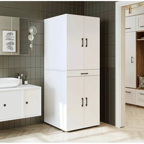 Laundry cabinet for washer and dryer machine, with pull-out shelf, WHITE, with doors