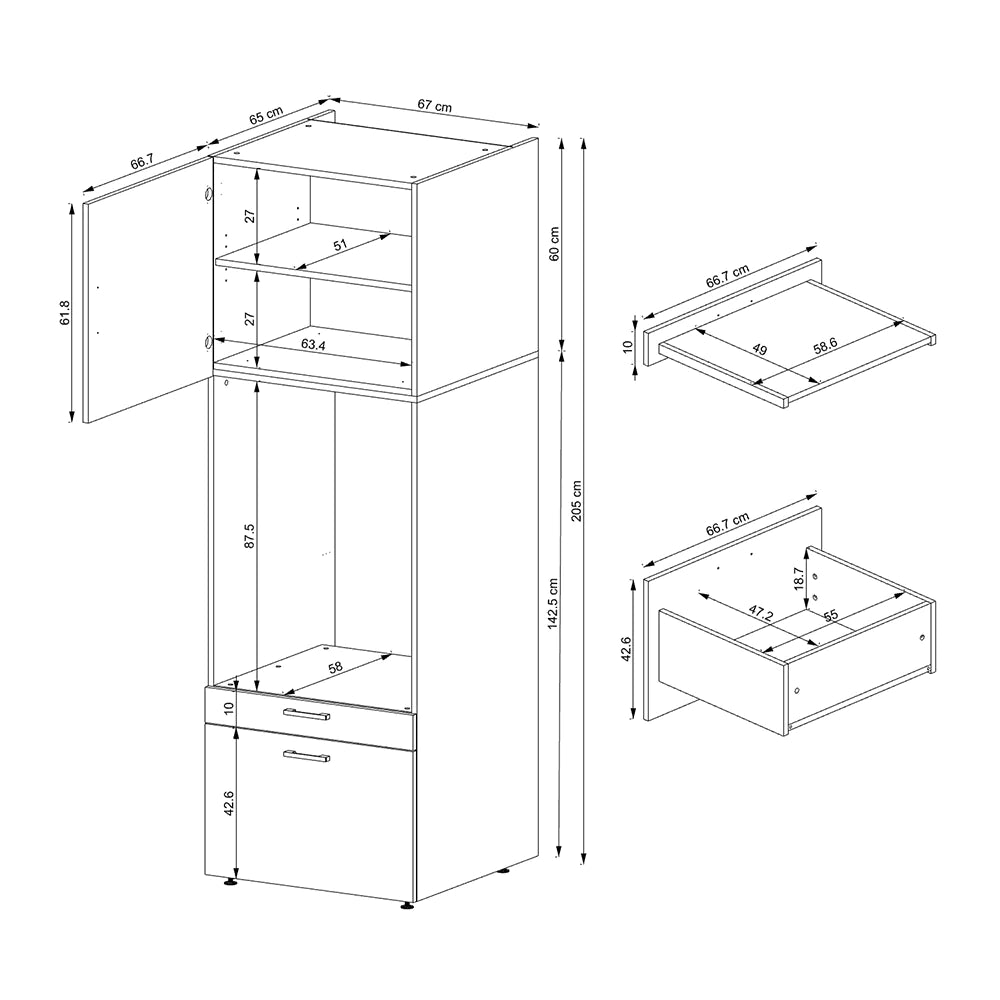 Laundry cabinet, oak, drawer and pull-out board, 205x67x66,8 cm