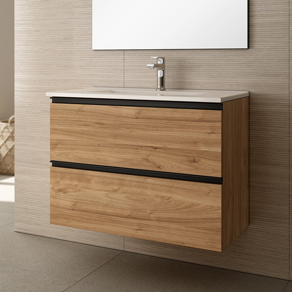 Akiro 80cm Wall Hung Basin Unit with Matt Black Handles - Walnut