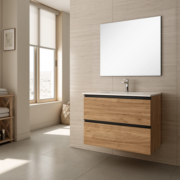 Akiro 80cm Wall Hung Basin Unit with Matt Black Handles - Walnut