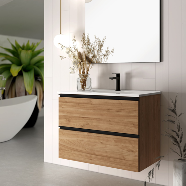 Akiro 80cm Wall Hung Basin Unit with Matt Black Handles - Walnut