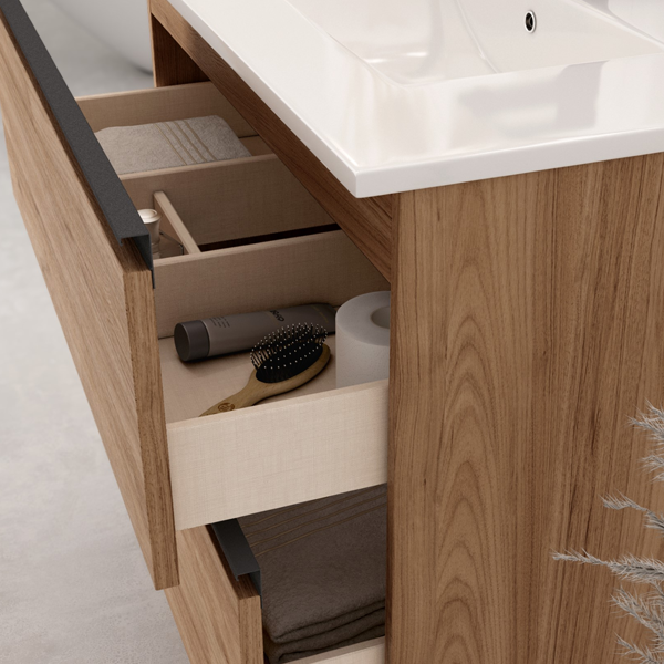 Akiro 80cm Wall Hung Basin Unit with Matt Black Handles - Walnut