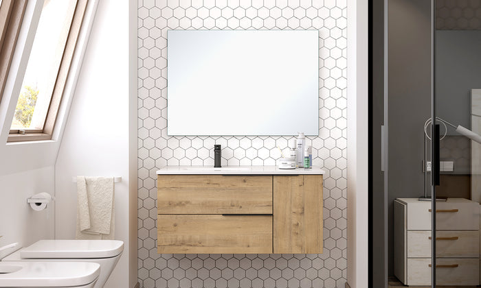 Verona Duo 80cm Wall Hung Basin Unit with Door & Basin - Ostippo Oak