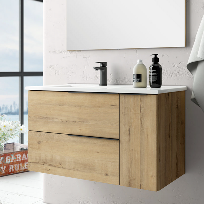 Verona Duo 80cm Wall Hung Basin Unit with Door & Basin - Ostippo Oak
