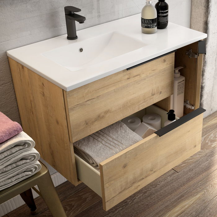 Verona Duo 80cm Wall Hung Basin Unit with Door & Basin - Ostippo Oak