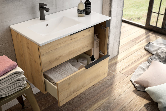 Verona Duo 100cm Wall Hung Basin Unit with Door & Basin - Ostippo Oak