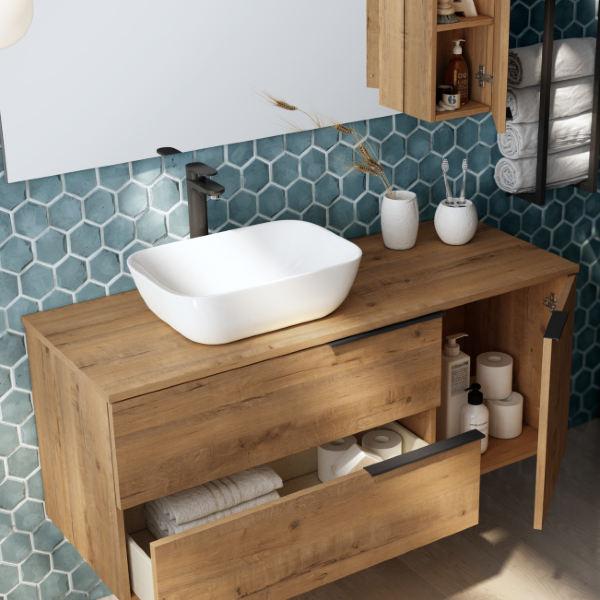 Verona Duo 100cm Wall Hung Basin Unit with Door & Worktop - Ostippo Oak