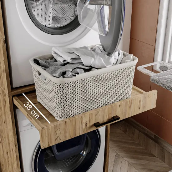 Cabinet for Washing Machine and Dryer with Pull-Out Shelf and 57 cm Folding Cabinet (Oak)