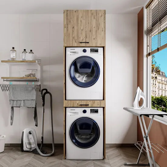 Cabinet for Washing Machine and Dryer with Pull-Out Shelf and 57 cm Folding Cabinet (Oak)