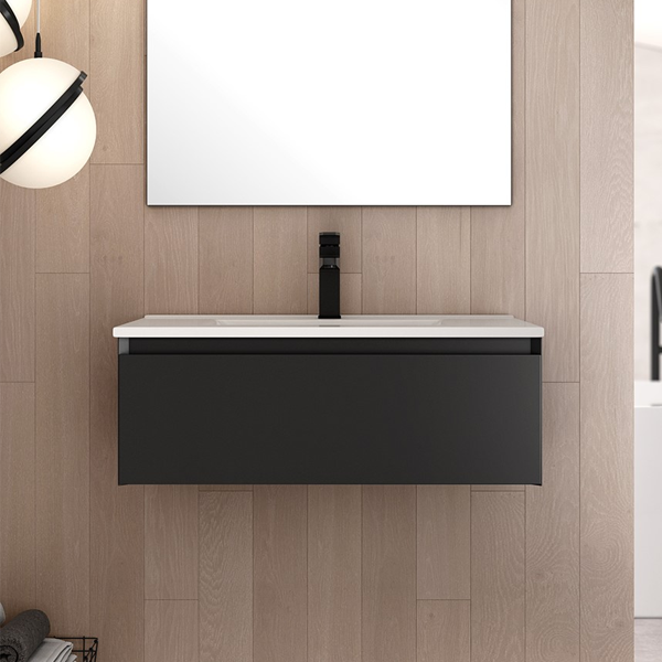 Kameo 80cm Wall Hung 1 Drawer Vanity Unit with Basin - Matt Black