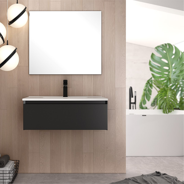Kameo 80cm Wall Hung 1 Drawer Vanity Unit with Basin - Matt Black