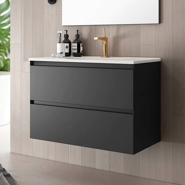 Kameo 80cm Wall Hung 2 Drawer Vanity Unit with Basin - Matt Black