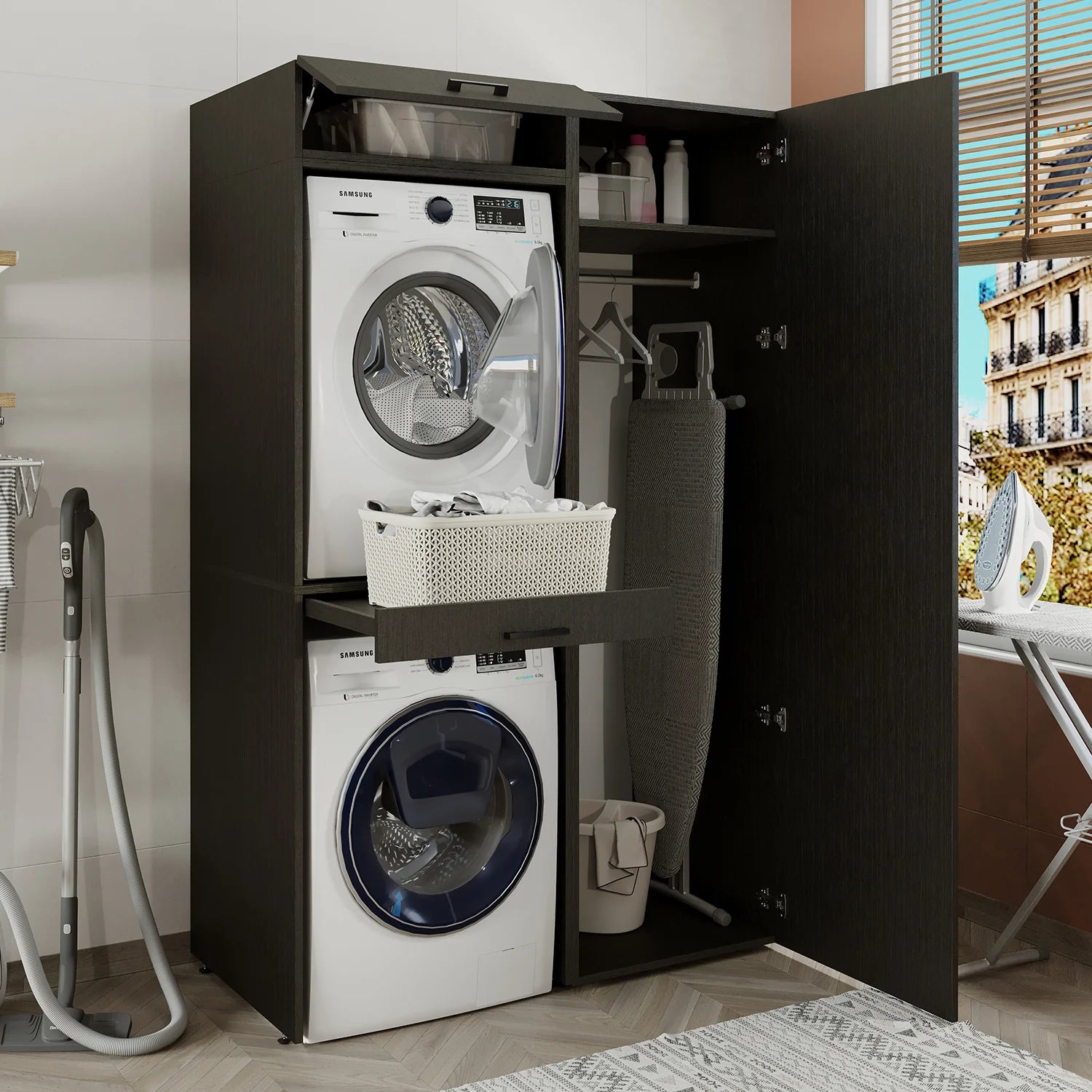 Washing Machine and Dryer Cabinet with Side Cabinet, 205 cm, Black, 3 Shelves