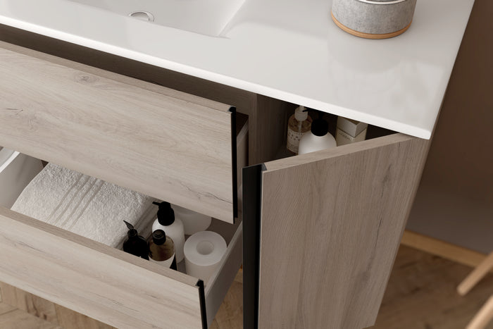 Evora 80cm Wall Hung Basin Unit with Matt Black Handles - Iron Oak