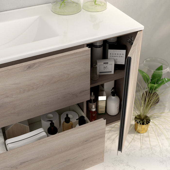 Evora 80cm Wall Hung Basin Unit with Matt Black Handles - Iron Oak