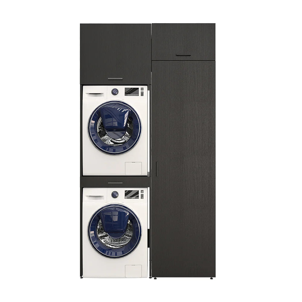 Washing Machine and Dryer Cabinet with Side Cabinet, 240 cm, Black, 3 Shelves