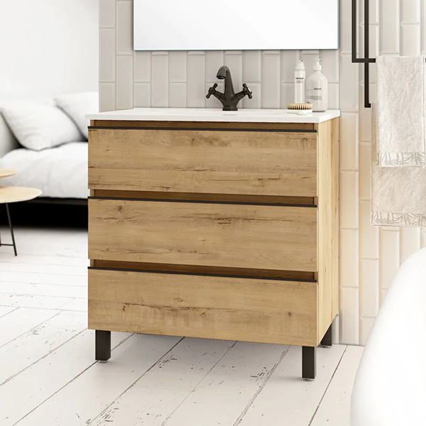 Vatilla 60cm Floorstanding Basin Unit with Matt Black Handles - Ostippo Oak