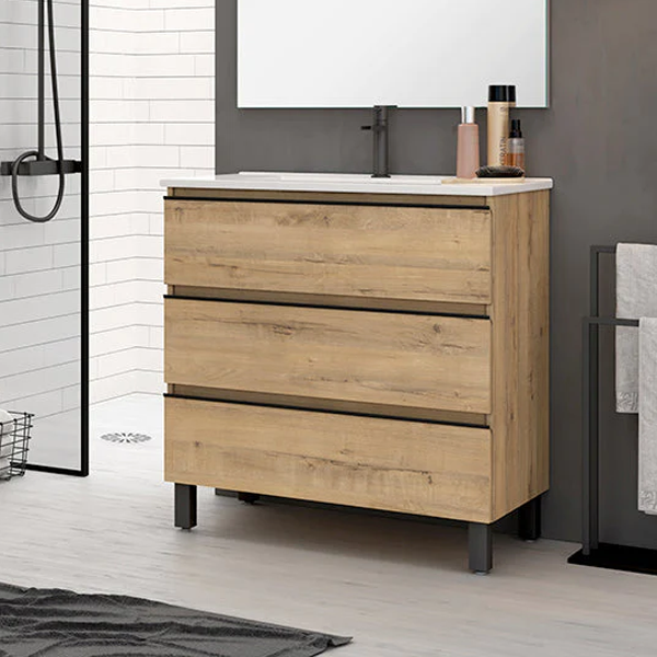 Vatilla 60cm Floorstanding Basin Unit with Matt Black Handles - Ostippo Oak