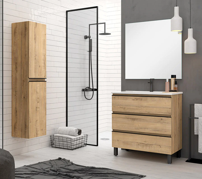 Vatilla 60cm Floorstanding Basin Unit with Matt Black Handles - Ostippo Oak
