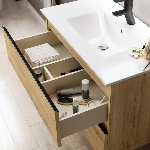 Vatilla 70cm Wall Hung Basin Unit with Matt Black Handles - Ostippo Oak