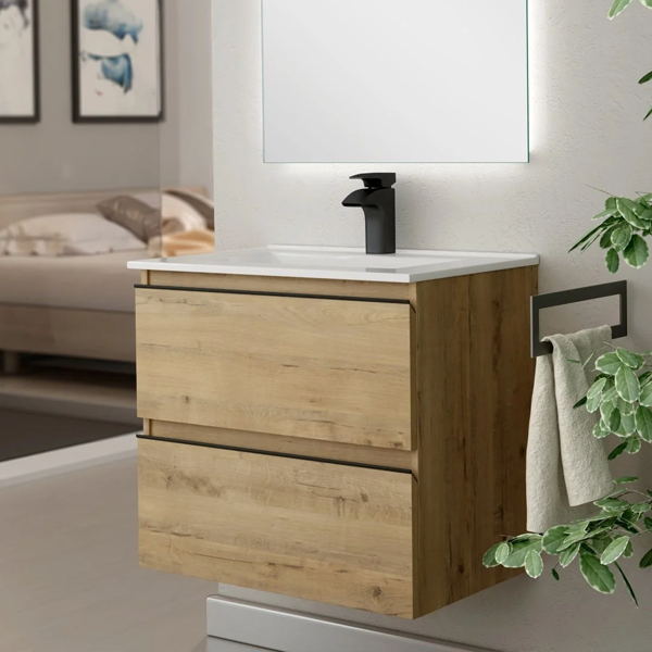 Vatilla 70cm Wall Hung Basin Unit with Matt Black Handles - Ostippo Oak