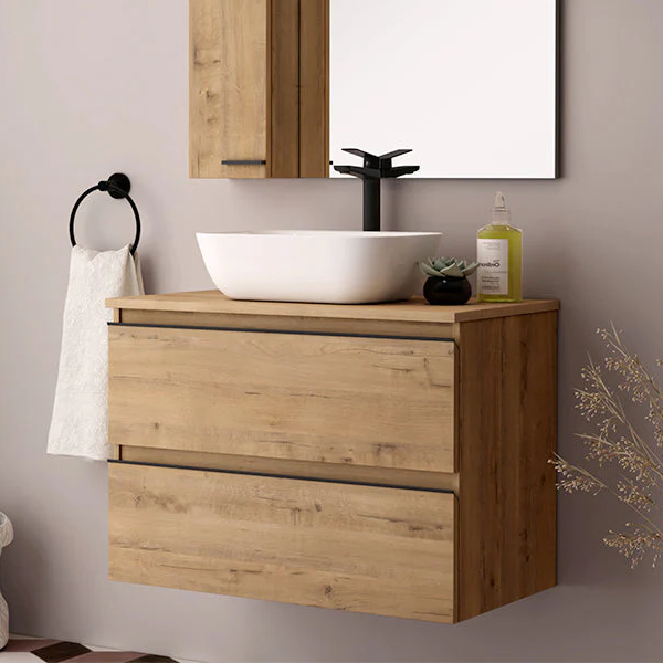 Vatilla 70cm Wall Hung Basin Unit with Matt Black Handles - Ostippo Oak