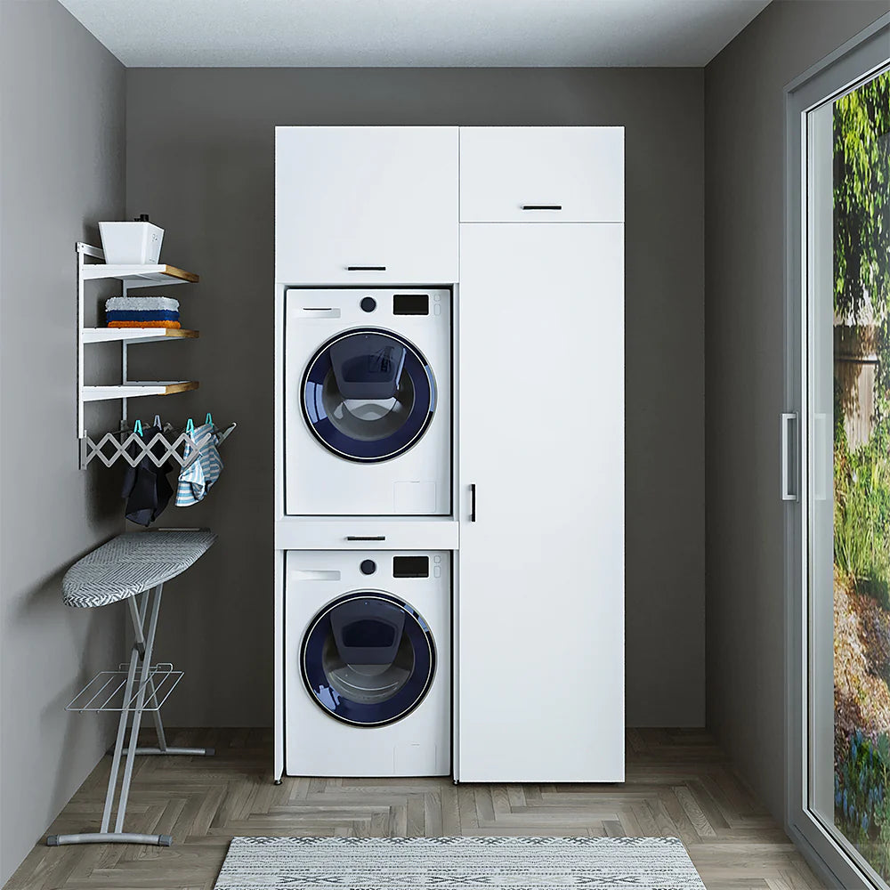 Cabinet for Washing Machine and Dryer with Side Cabinet, 240 cm, White, 3 Shelves